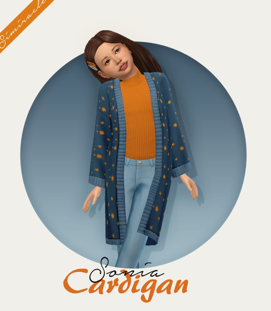 Un sim parado con la cabeza ladeada, lleva puesto jeans azules, una camisa naranja y una opción de cardigan azul largo de sims 4 cc con estrellas naranjas.