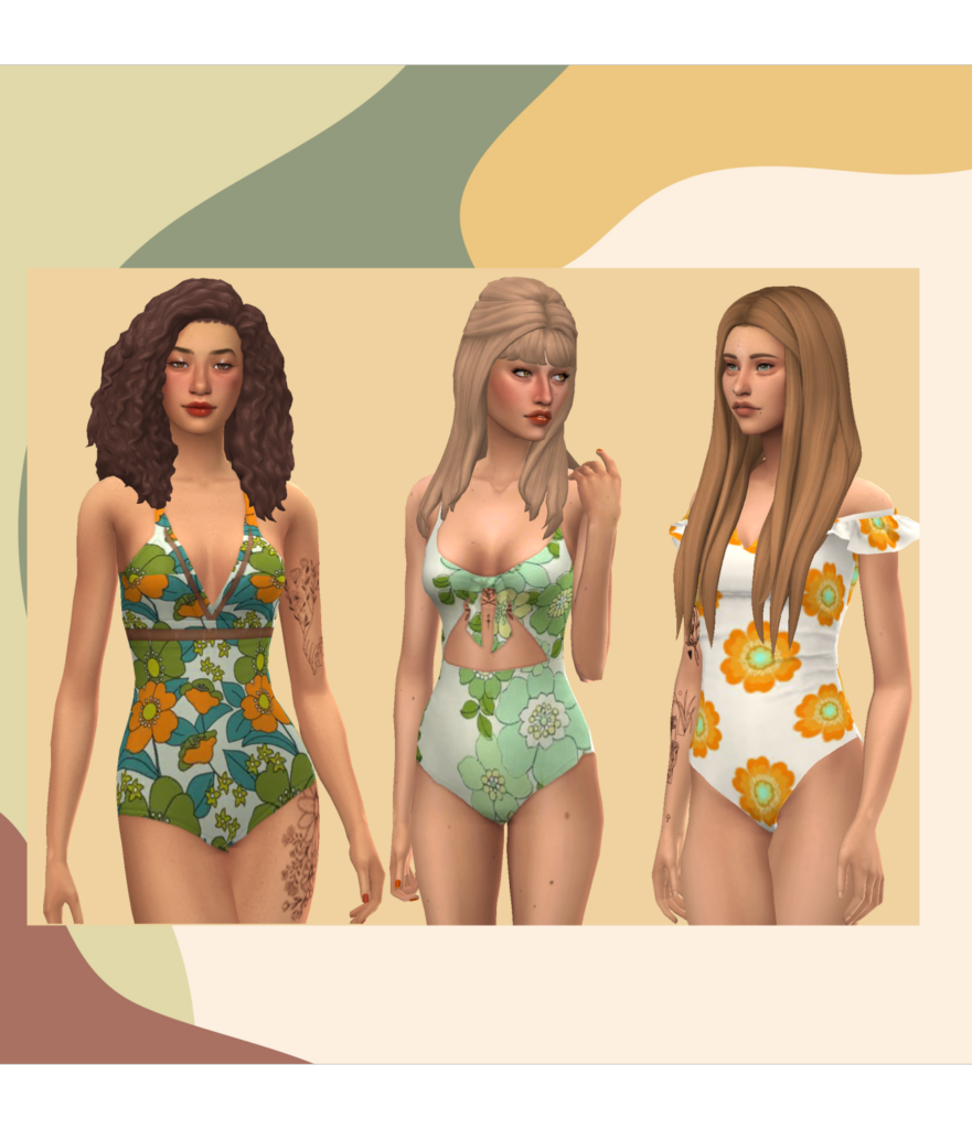 Tres Sims usando trajes de baño con estampados retro