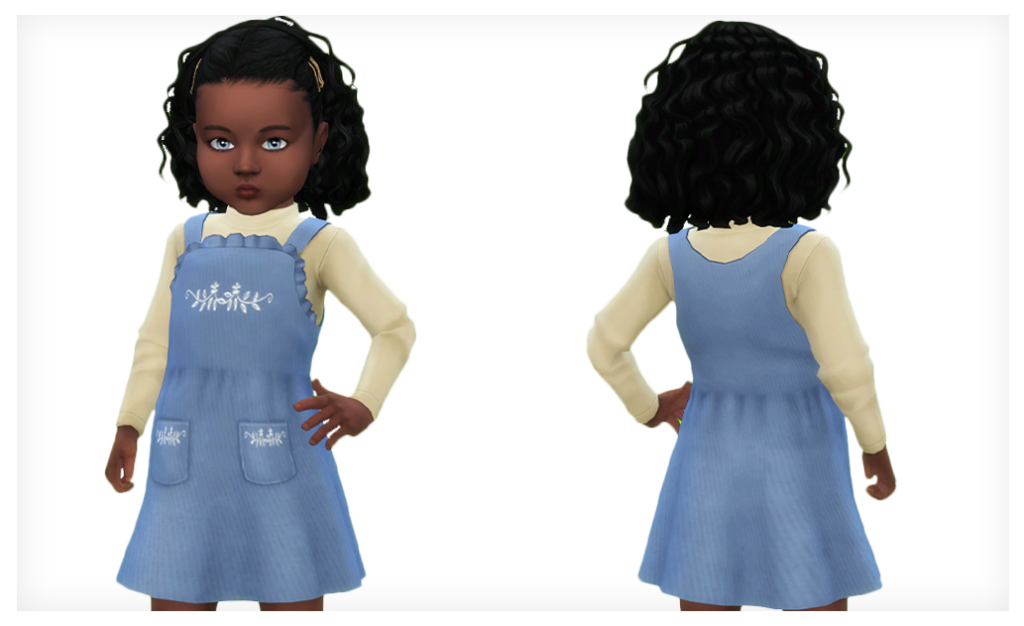 Una sim niña con cabello rizado y una mano en la cadera vistiendo un conjunto de sims 4 cc