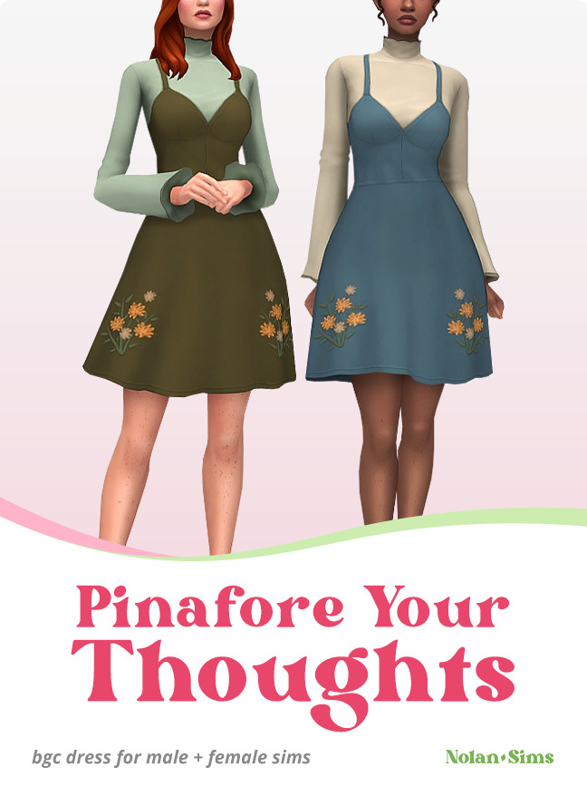 Dos sims cuyos rostros están recortados de la imagen y llevan puesto un vestido pinafore.