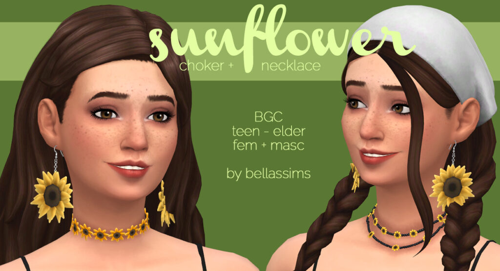 La misma sim dos veces con peinados diferentes, una con cabello largo y otra con el cabello en trenzas de coleta. Ambos personajes de Los Sims 4 llevan joyas cubiertas de girasoles, incluyendo aretes de girasol y un collar de girasol.