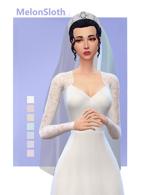 Una sim en un fondo morado llevando un vestido de novia de escote en V que tiene mangas de encaje y una falda sencilla. La Sim también lleva una corona y un velo