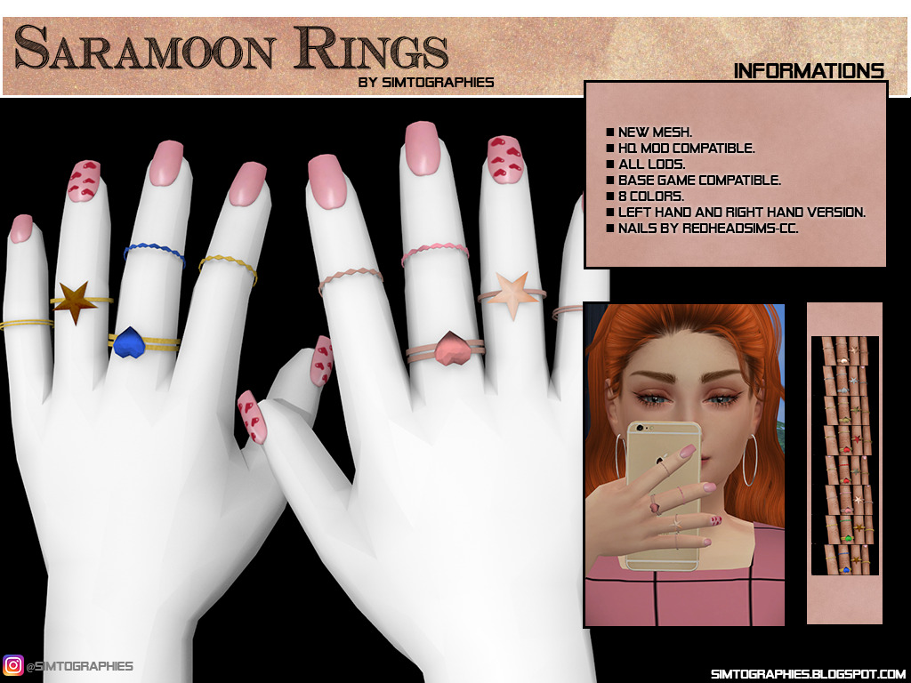 Dos manos de maniquí blancas con uñas cuadradas rosadas y usando 10 anillos.