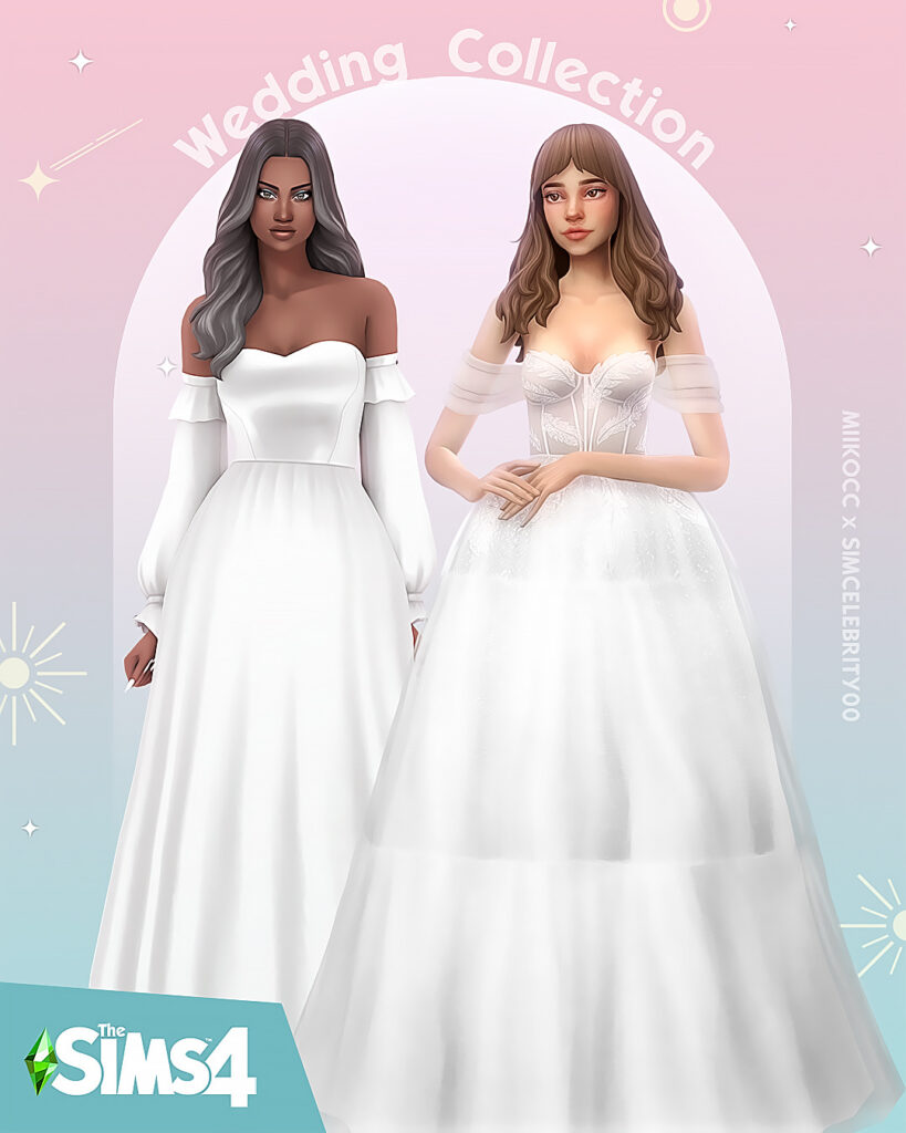 La portada de un paquete de vestidos de novia de Sims 4 cc con dos Sims luciendo hermosos vestidos