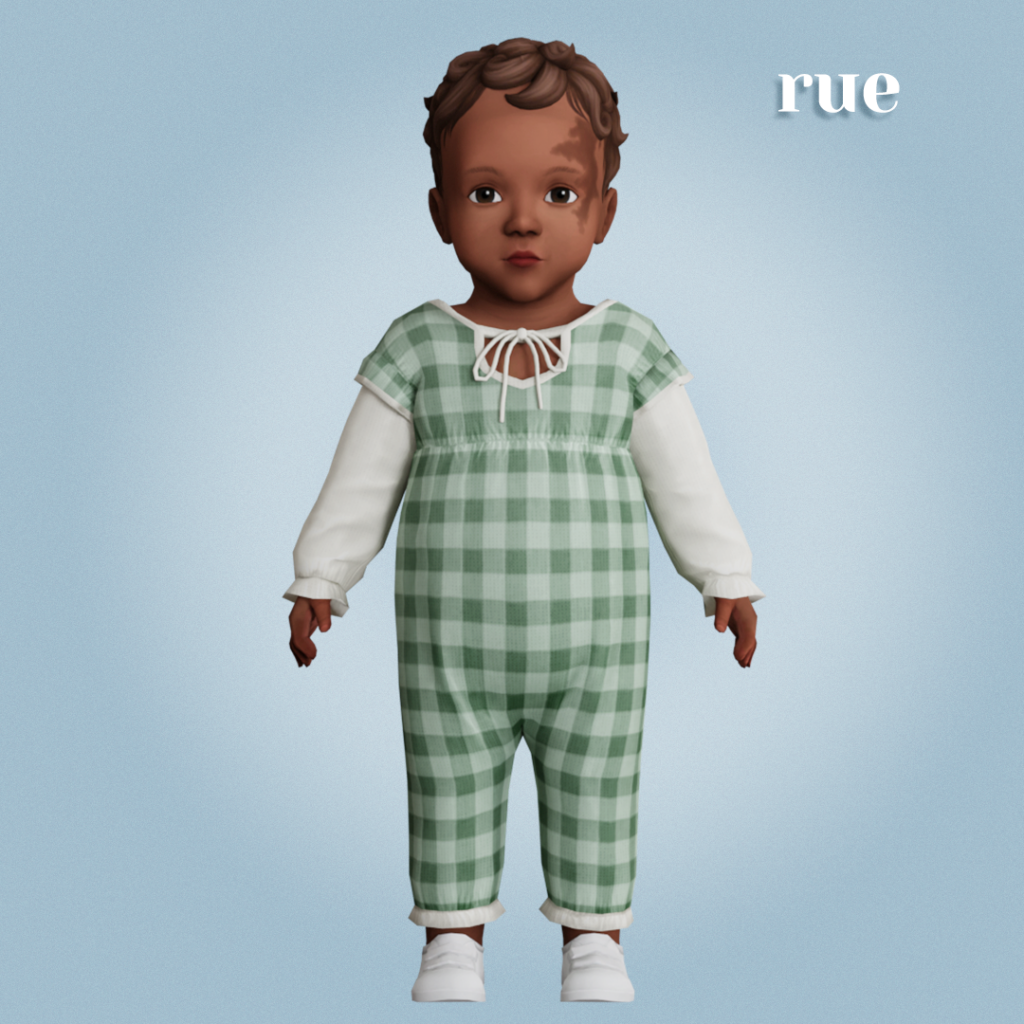 Un bebé de Los Sims 4 vistiendo una camisa blanca de manga larga con un pelele encima.