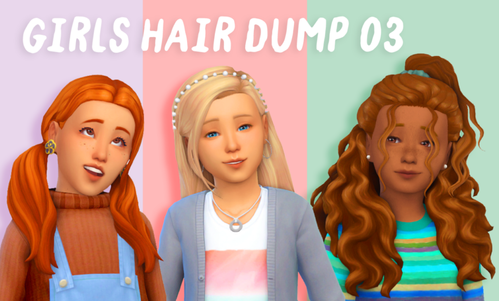Tres sims en Los Sims 4 con expresiones adorables en su rostro y diversos peinados que son cabello personalizado