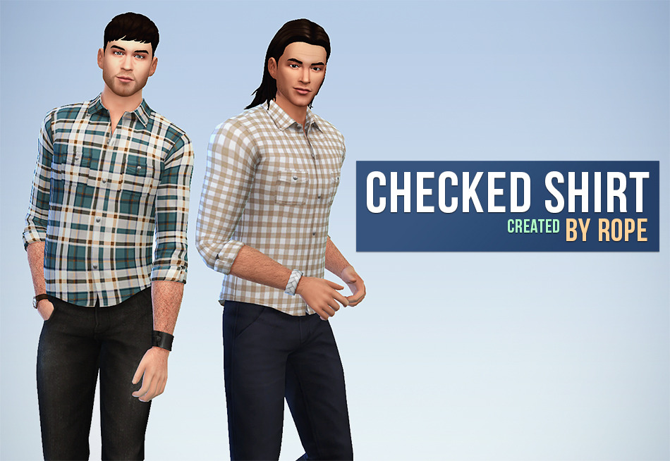 Dos sims de pie uno al lado del otro vistiendo jeans negros. Ambos sims llevan puestas camisas de franela a cuadros abotonadas que son para sims masculinos 4 cc.