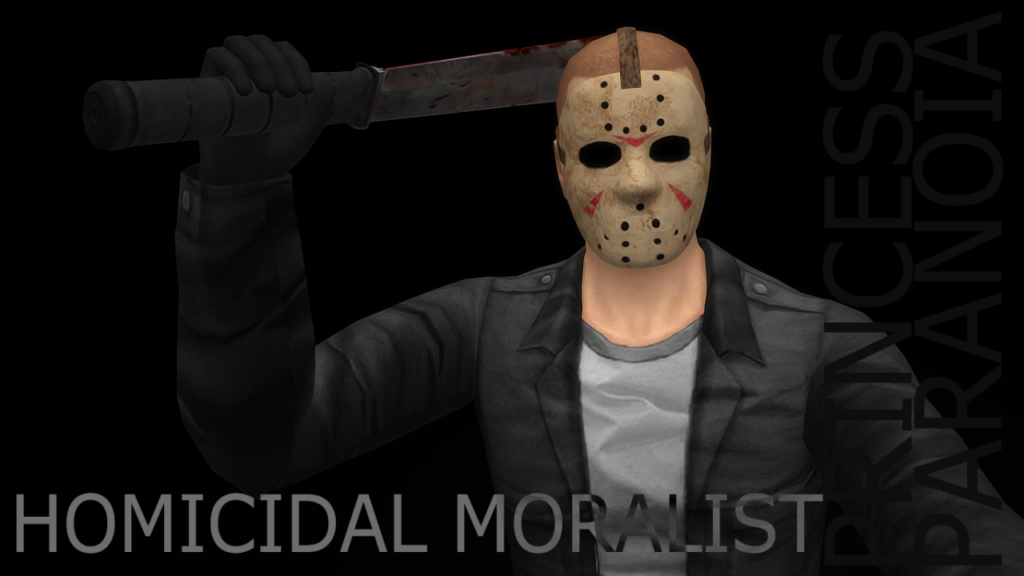Un Sim llevando una máscara de Jason para Halloween.