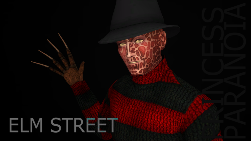 Un Sim en un fondo negro, con un disfraz de Freddy que incluye el sombrero y el suéter.