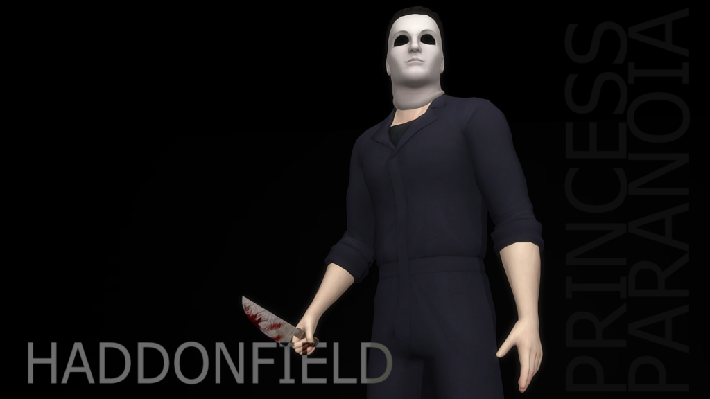 Un Sim llevando una máscara de Michael para su disfraz de Halloween y sosteniendo un cuchillo ensangrentado.