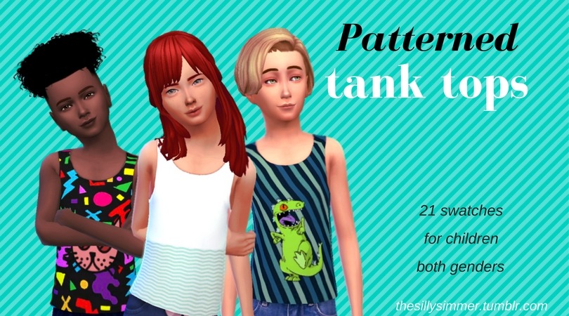 Tres sims usando diferentes tops de tirantes estampados, uno con Reptar
