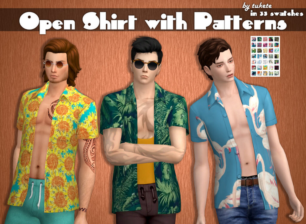 Tres Sims vistiendo camisas abiertas y estampadas. Los patrones incluyen flamencos, flores y hojas.