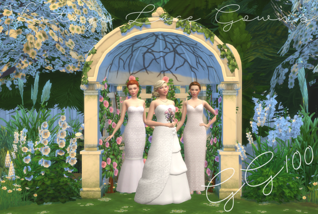 tres sims vistiendo vestidos de novia de encaje vintage que están parados debajo de un pabellón al aire libre