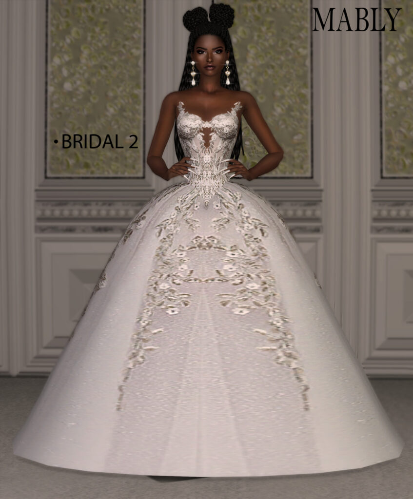 Una opción de vestido de novia para Los Sims 4 que es un divertido vestido cc con una falda grande y un corpiño sin tirantes
