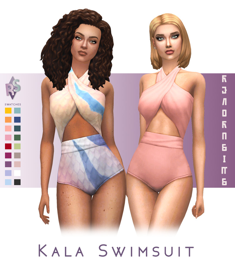 Dos personajes de Los Sims 4 que llevan trajes de baño de una sola pieza con escote halter y fruncido.