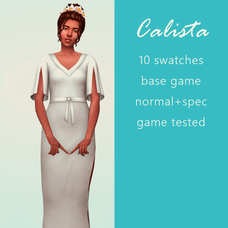 Un vestido de novia simple para agregar a tu carpeta de cc en Los Sims 4 que tiene una cintura con cinturón y un hermoso escote en V