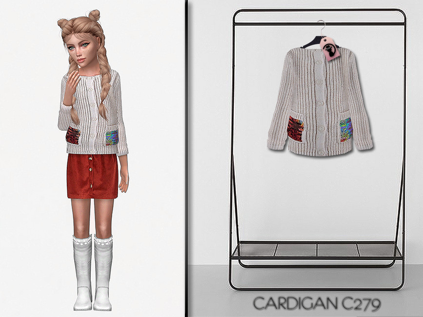 Una sim posando con un cardigan gris, falda roja y botas blancas.