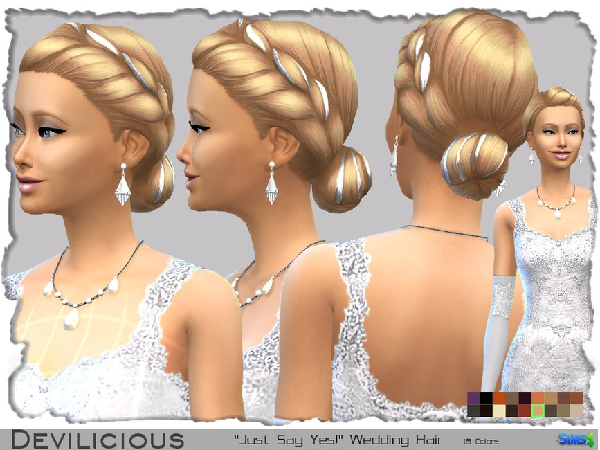 La misma sim cuatro veces, esta sim lleva un vestido de novia de encaje. Su cabello está recogido en un moño bajo con una torsión desde la parte lateral del cabello y tiene un lazo blanco en la torsión.