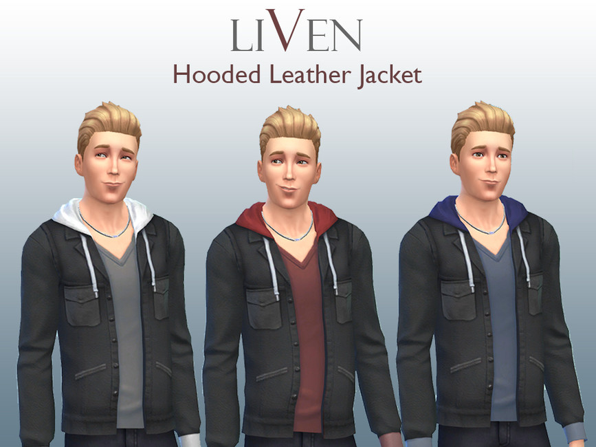 Una sim rubia de Los Sims 4 (repetida tres veces) que lleva un suéter con cuello en V debajo de una chaqueta negra con capucha en la parte posterior.