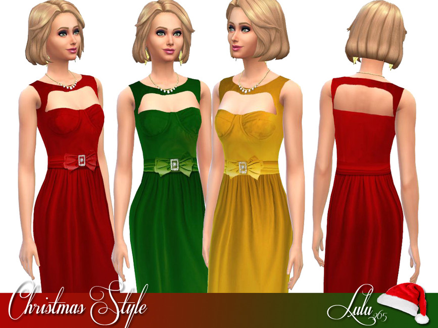 Cuatro sims idénticos en Los Sims 4 luciendo un vestido navideño con cinturón y lazo