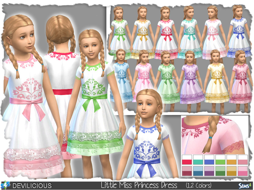 Una opción de vestidos de Sims 4 CC para niñas que está cubierta de encajes, lazos y patrones.