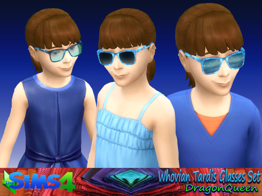 La misma sim de cabello castaño 3 veces, esta sim está usando diferentes conjuntos azules cada vez, pero cada versión lleva un par de gafas de sol azules.