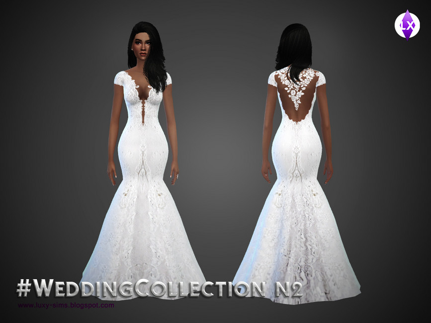 Opción de vestido de novia estilo sirena en Los Sims 4, con la espalda descubierta y un bonito escote pronunciado