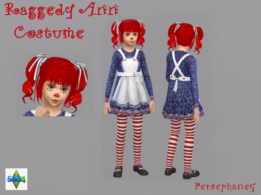 Una niña en The Sims 4 vistiendo un disfraz de Raggedy Ann como opción de disfraces personalizados