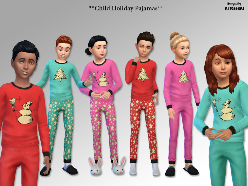 Un conjunto de niños vistiendo pijamas navideñas a juego de Los Sims 4 CC. Estas pijamas tienen muñecos de nieve o árboles de Navidad en ellas.