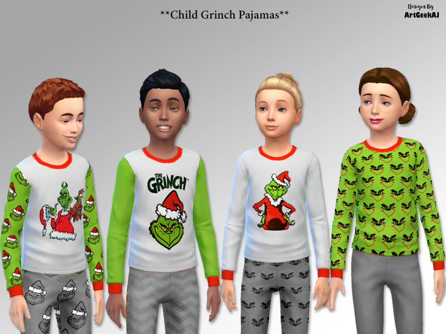 Cuatro niños Sims que llevan puestos camisetas de pijama con el popular personaje navideño, el Grinch, en ellas.
