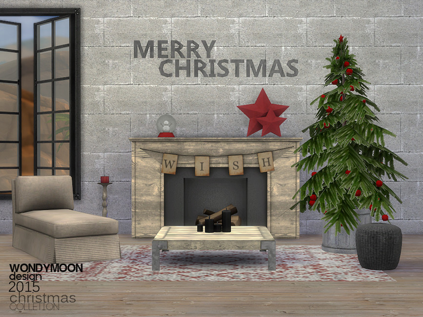 Un área de estar en Los Sims 4 con muebles navideños CC. Tiene