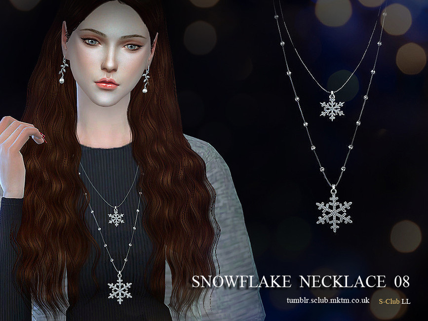 Una sim con el cabello largo y ondulado de color marrón que lleva puesto un cárdigan y un collar que tiene dos cadenas que terminan en copos de nieve.