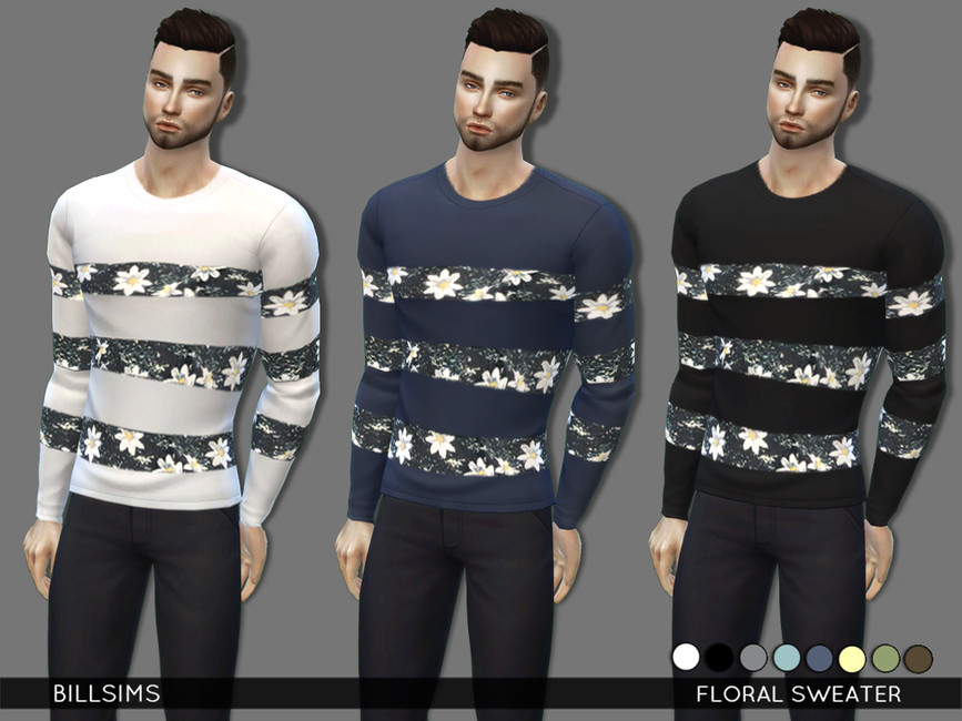 Tres sims masculinos con el mismo suéter a rayas donde las rayas son un estampado floral en Los Sims 4