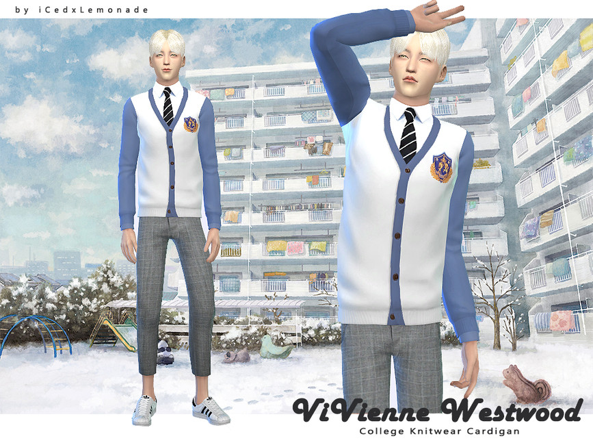 Un Sim con cabello blanco usando un cardigan de punto universitario con emblema universitario