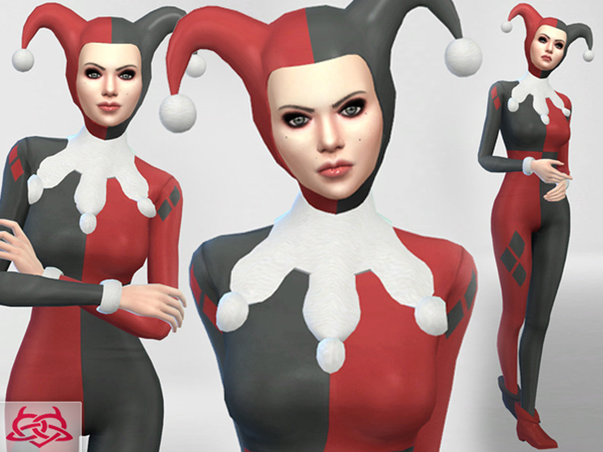 Un Sim de Los Sims 4 usando un disfraz de Harley Quinn para Halloween, es el de color negro, rojo y blanco, no el de Suicide Squad.