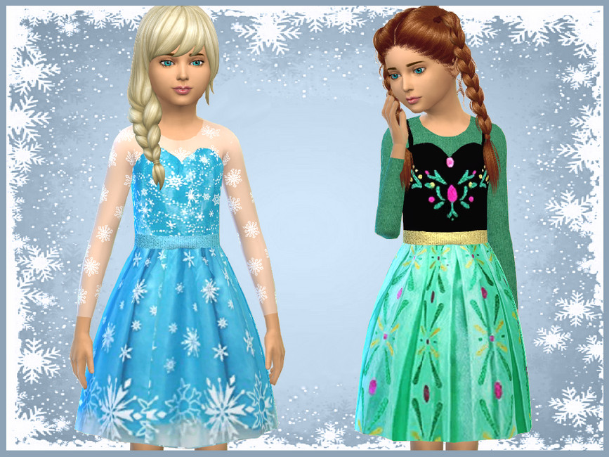 Dos niñas en Los Sims 4 vistiendo trajes de Elsa y Anna de Frozen