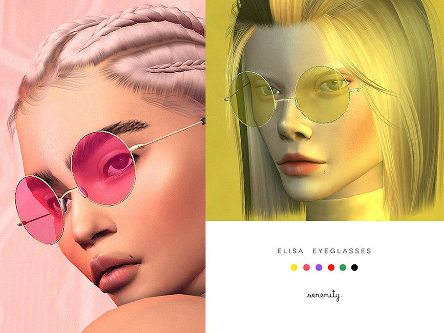 Un Sim con cabello rosa claro en trenzas hacia atrás, usando un par de gafas redondas de color rosa.