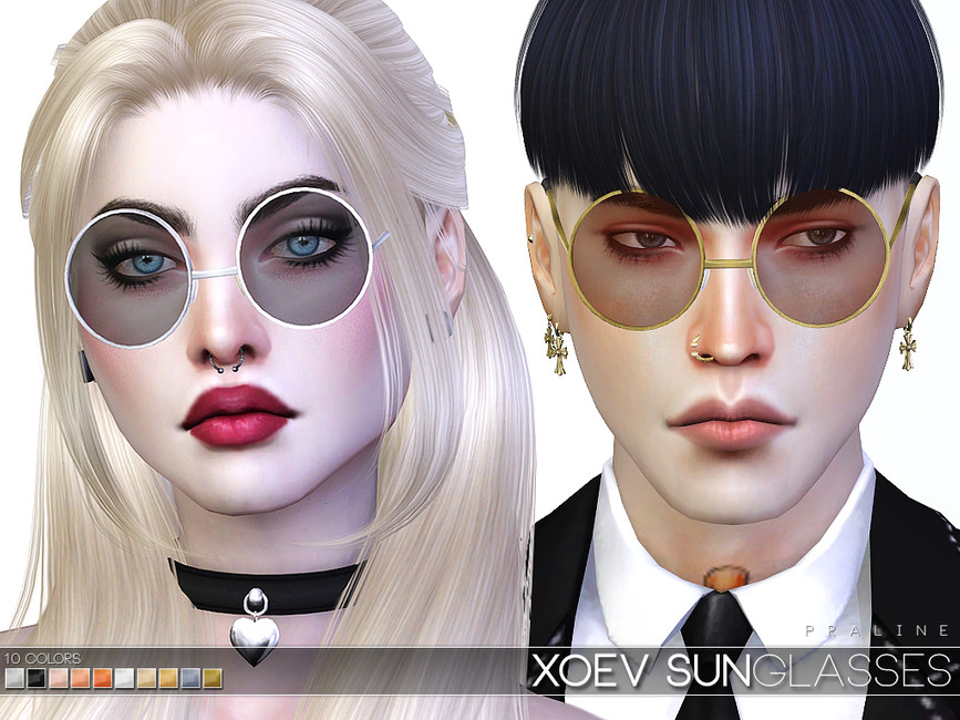 Una sim femenina con cabello rubio platino y un sim masculino con cabello negro. Ambos sims llevan gafas de sol redondas con monturas de metal.