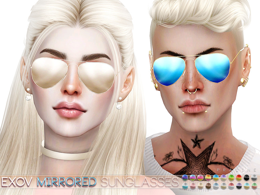 Dos Sims con cabello rubio platino que tienen cejas marrones. Ambos llevan puestas un par de gafas de sol estilo aviador con lentes espejados.