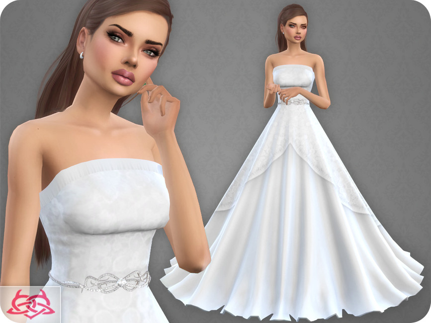 Un vestido de novia cc de Los Sims 4 que tiene un escote recto sin tirantes con un cinturón plateado
