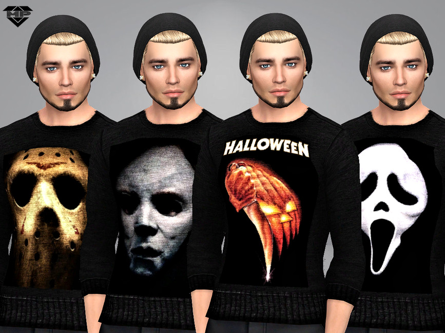 cuatro hombres con gorros y barba con suéteres temáticos de Halloween