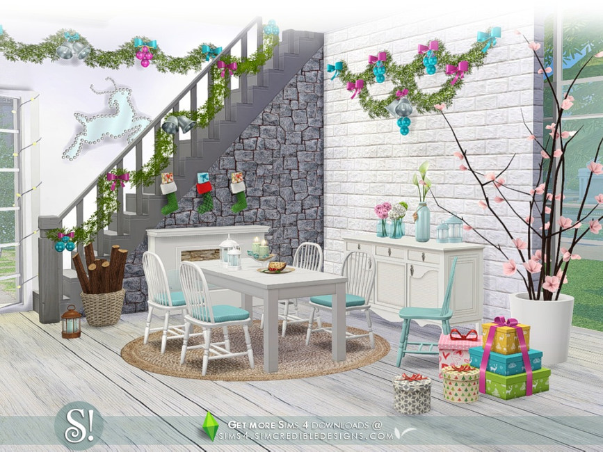 Un conjunto colorido con regalos de colores brillantes, guirnalda con azul y rosa, y sillas blancas brillantes.