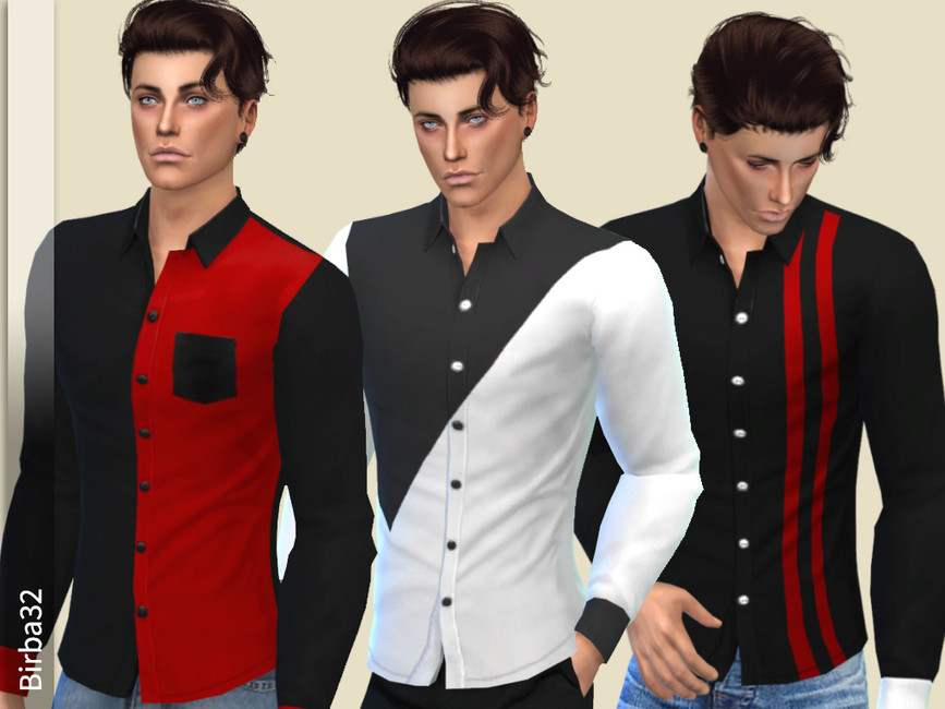 El mismo sim tres veces usando diferentes versiones de la misma camisa de botones de ropa navideña para sims 4 cc