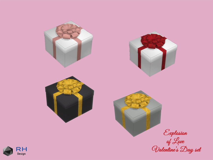 Un conjunto de cuatro cajas de regalo con un lazo en la parte superior y una cinta en forma de signo más