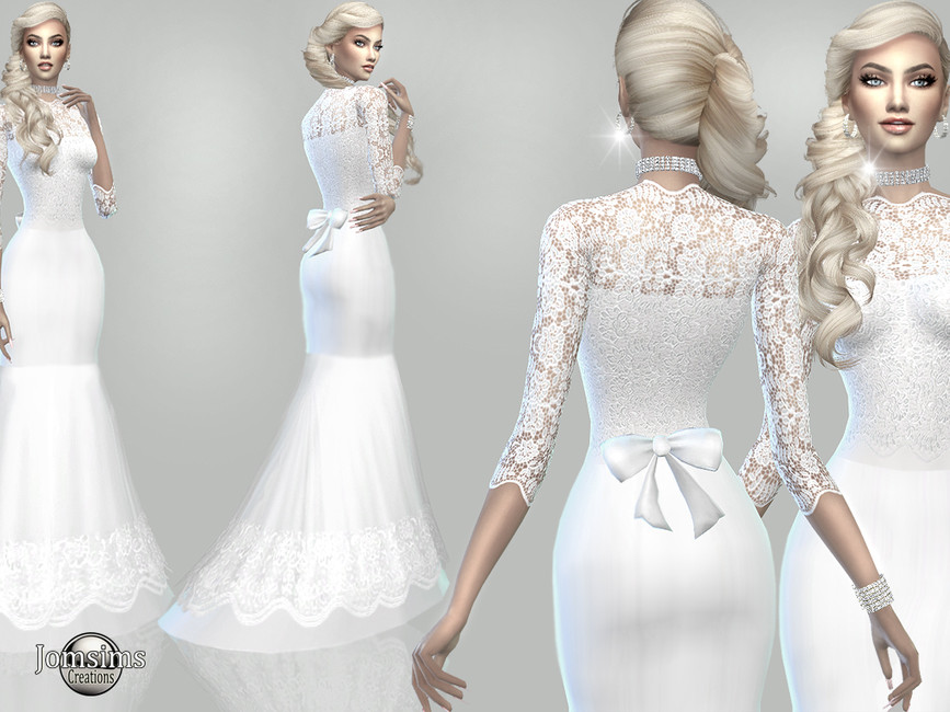 un vestido de novia estilo sirena con un lazo en la parte trasera y un top de encaje con mangas 3/4