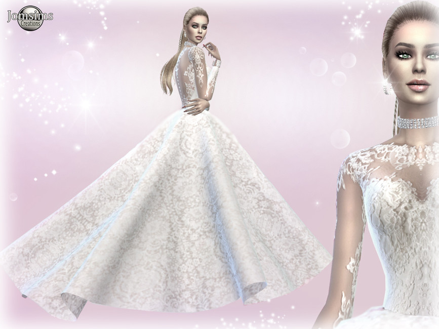 Una opción de vestido de novia CC muy intensa para Los Sims 4 con una falda grande de encaje y mangas largas, tiene botones en la espalda desde la falda hasta la parte superior y bonitos detalles de encaje en los brazos