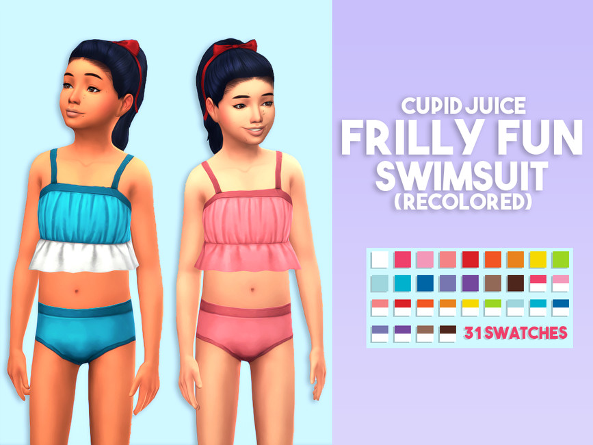Dos niños de Los Sims 4 usando trajes de baño de bikini con volantes en la parte inferior de la parte superior del traje.