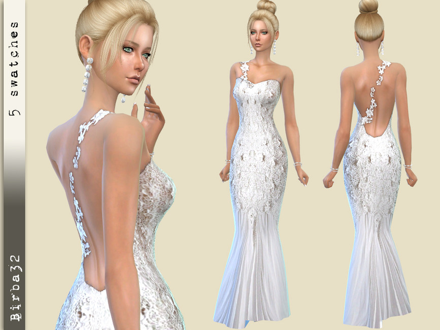 Un personaje en Los Sims 4 con cabello rubio que lleva puesto un vestido de novia cc que es de estilo sirena con una tira de un solo hombro hecha de flores