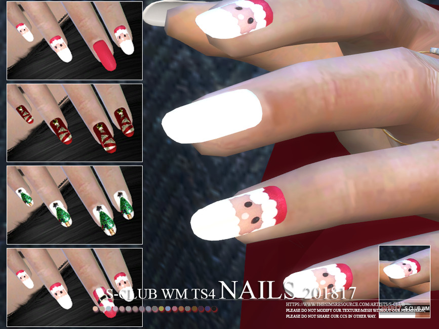Una mano con uñas largas en forma de almendra, donde el centro es de color blanco liso y las demás tienen una cara de Santa Claus