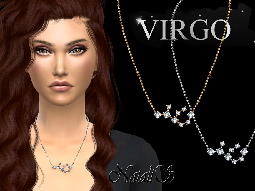 Un sim con cabello castaño ondulado y ojos marrones claros. Lleva un collar con gemas en forma del símbolo de Virgo.